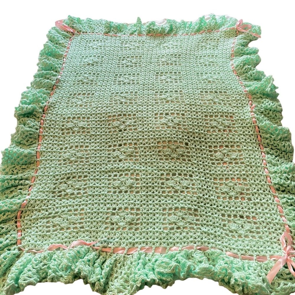 Handmade crochet baby crib blanket mint green‎ pink satin ribbon